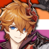 blueotterkitty: Screenshot of Childe from Genshin Impact smiling, edited on top of the orange and pink lesbian pride flag (childe, genshin, genshin impact, tartaglia)